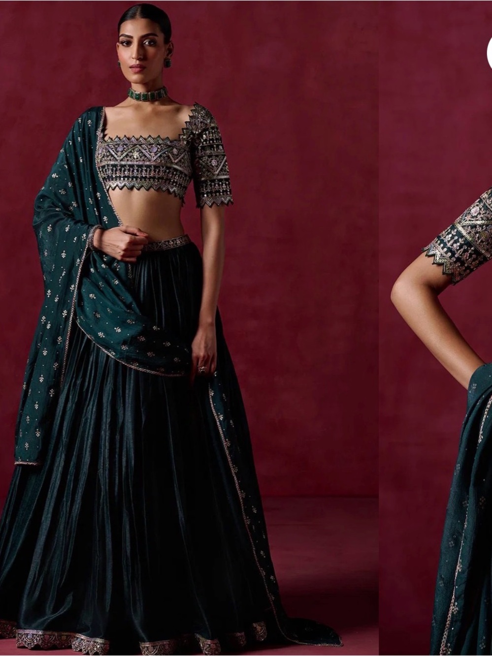 Dark Green Embroidered Satin Lehenga